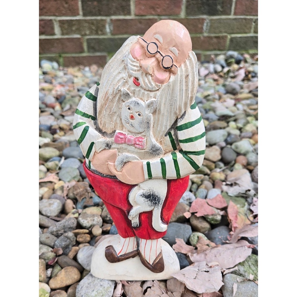 Vintage Whimsical Wood Santa Claus Figurine Holding Cat Made in Philippines